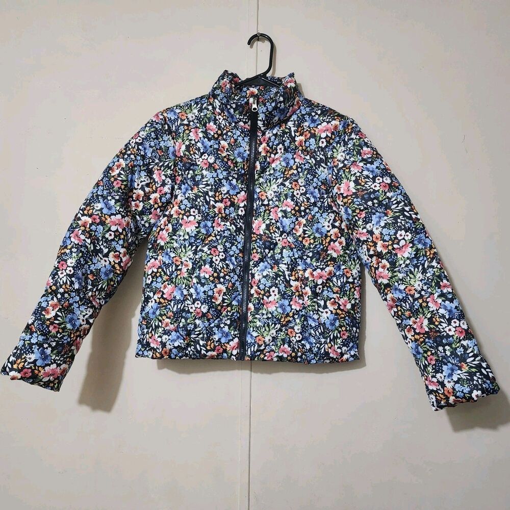 Time and Tru Multicolor Floral Puffer Jacket Size XS 0-2 Black Lining Used GC
